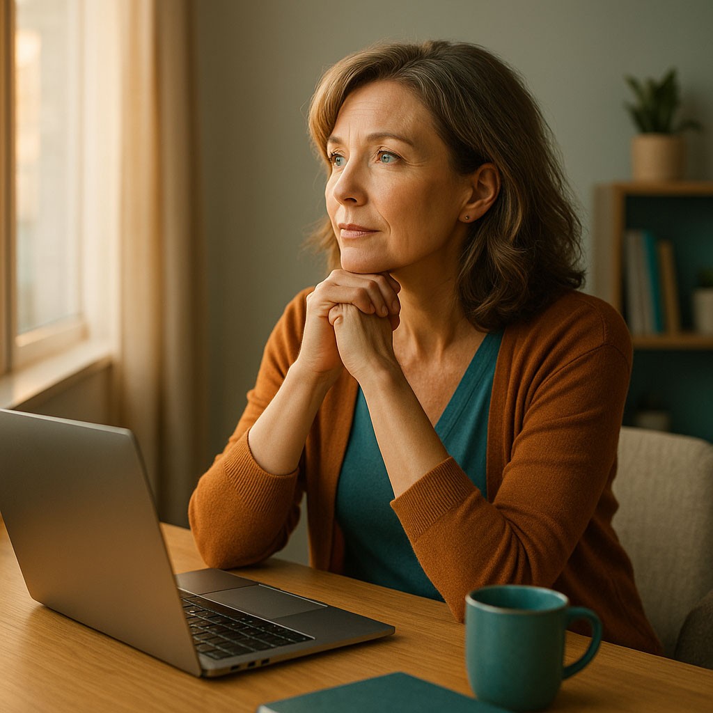 Professional contemplating career change at home workspace